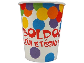 Boldog születésnapot feliratos 6 darabos papírpohár - 250 ml, konfetti mintás