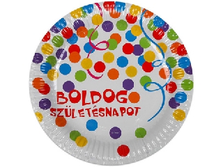 Boldog születésnapot feliratos 6 darabos papírtányér - 23 cm, konfetti mintás