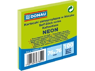 Öntapadó jegyzettömb, 76x76 mm, 100 lap, DONAU, neon zöld