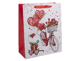 Romantikus bicikli mintás ajándéktasak, piros - 18 x 23 cm