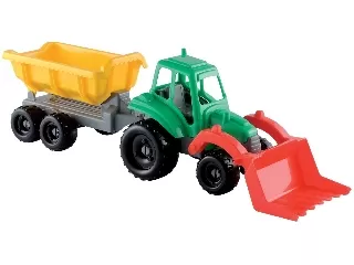 Traktor homlokrakodóval és pótkocsival